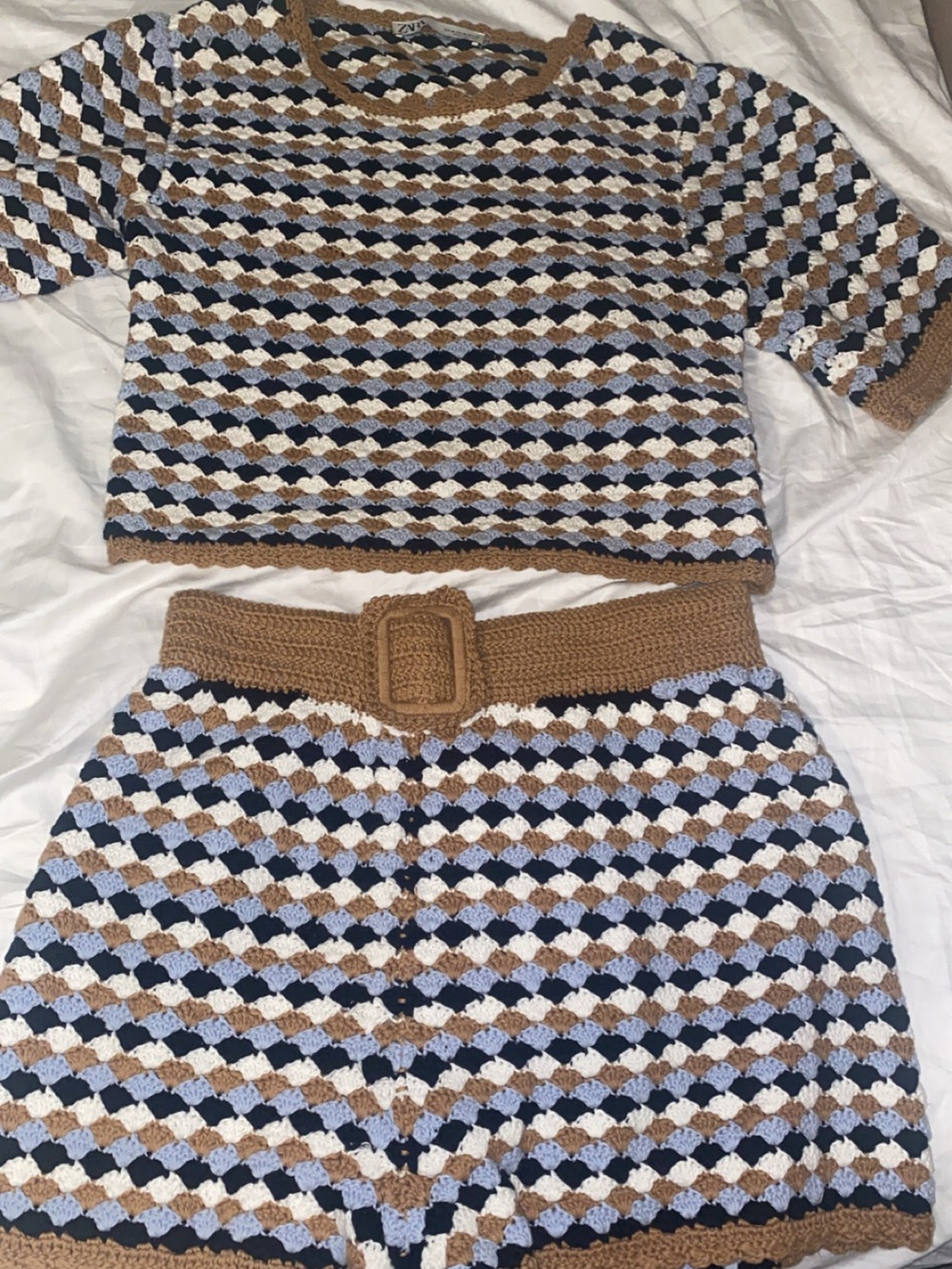 Zara Crocheted Multicolor Sweater - Tan, Black, Cream, Light Blue